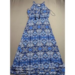 Artisan NY Blue White Floral Halter Maxi Dress Sleeveless Bohemian Women's Small